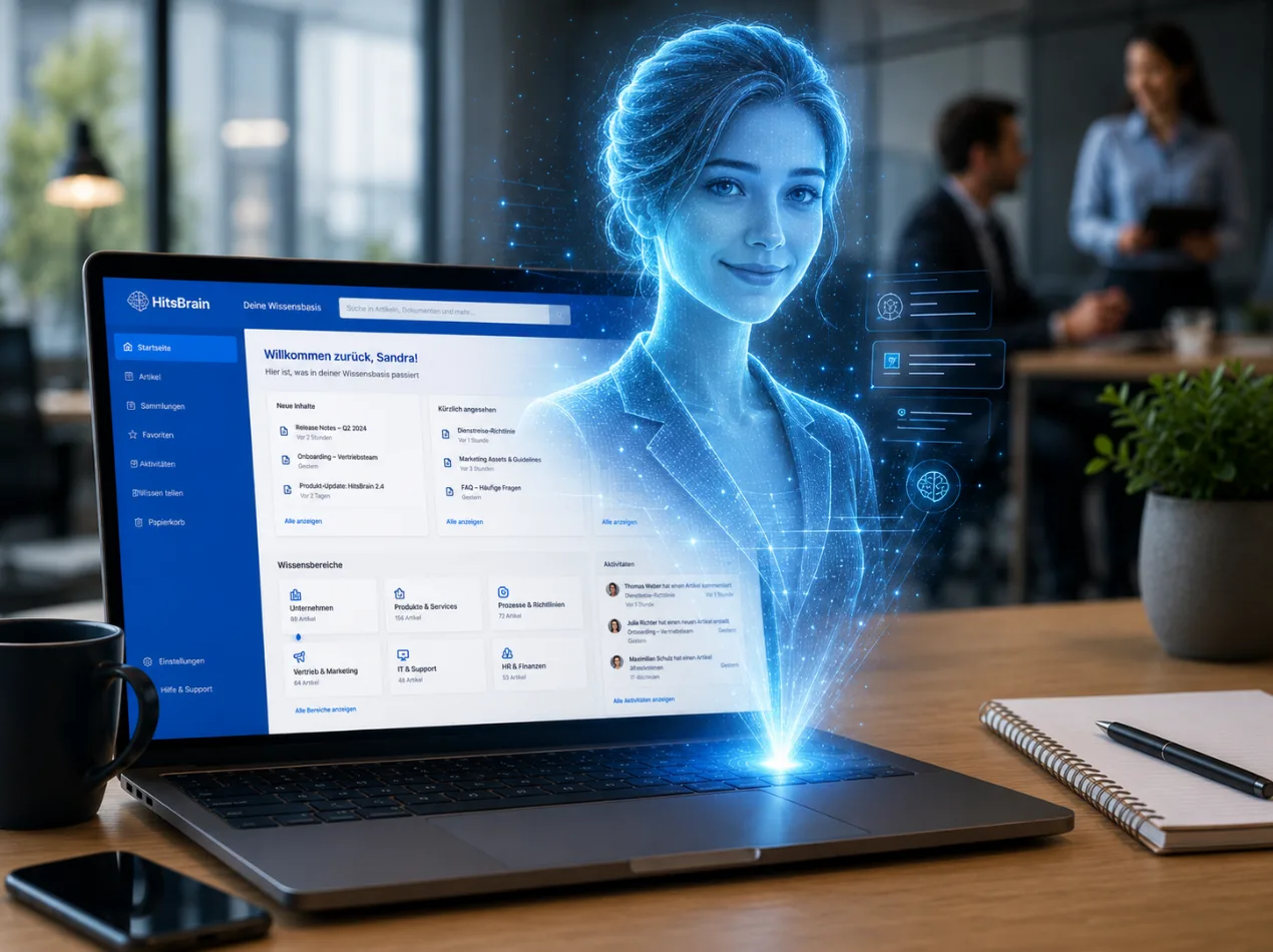 HitsBrain: Laptop mit der Oberfläche der Wissensbasis, daneben eine holografisch dargestellte KI-Assistentin